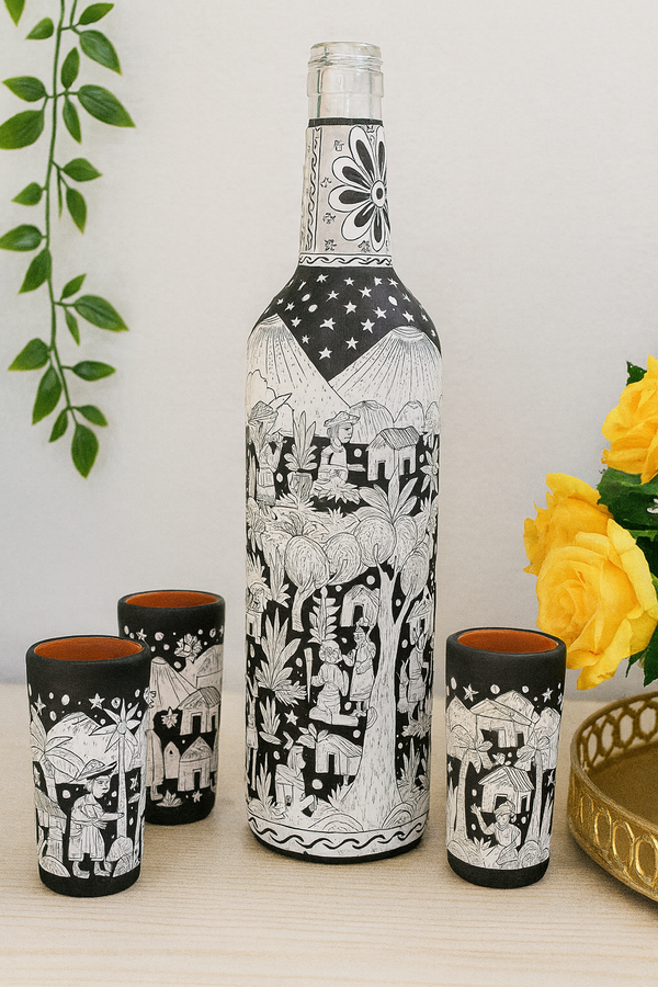 Hand-Painted Glass Bottle with Four Tequila Shot Cups