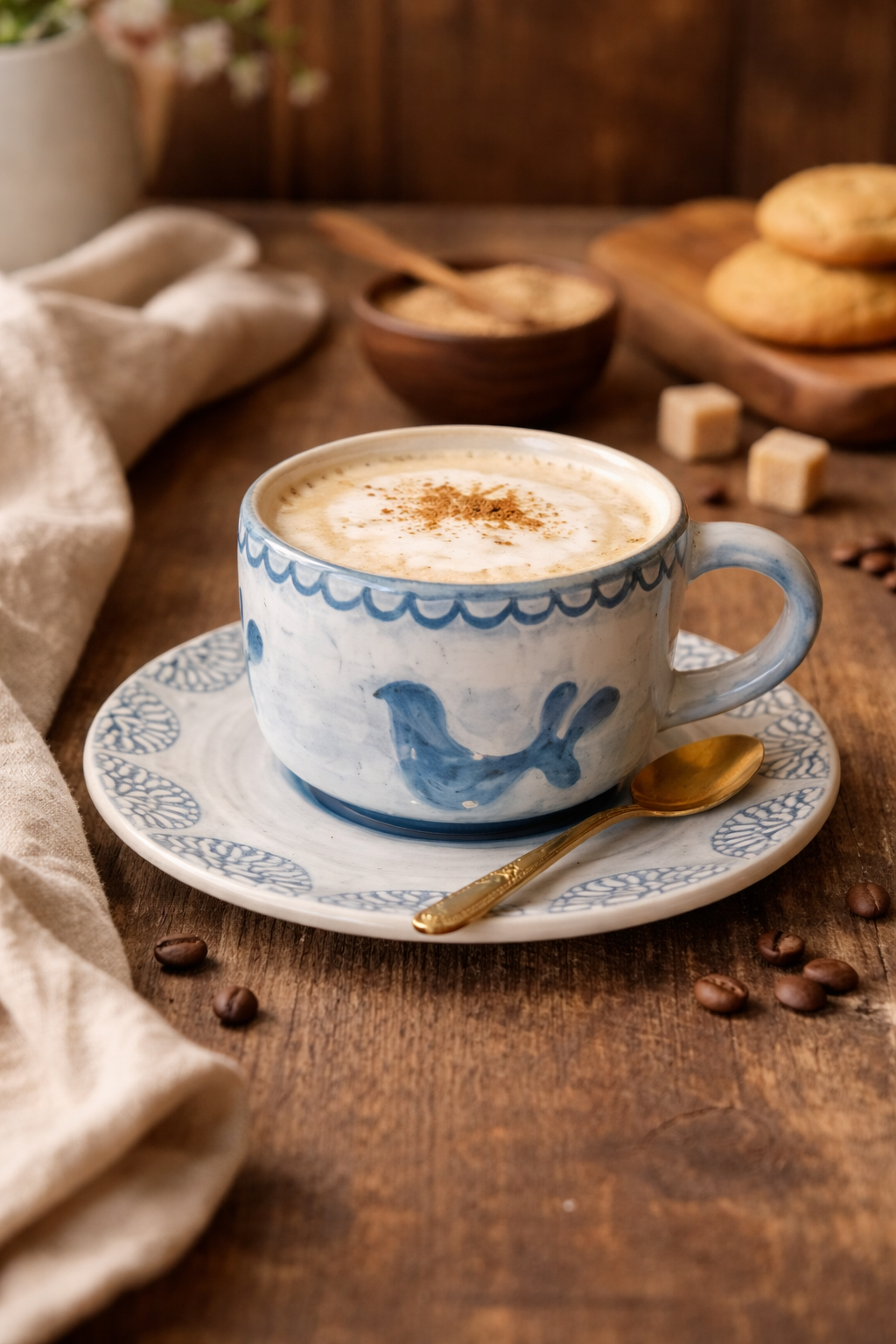 Hand Painted Stoneware Blue Coco Coffee Mug and Plate