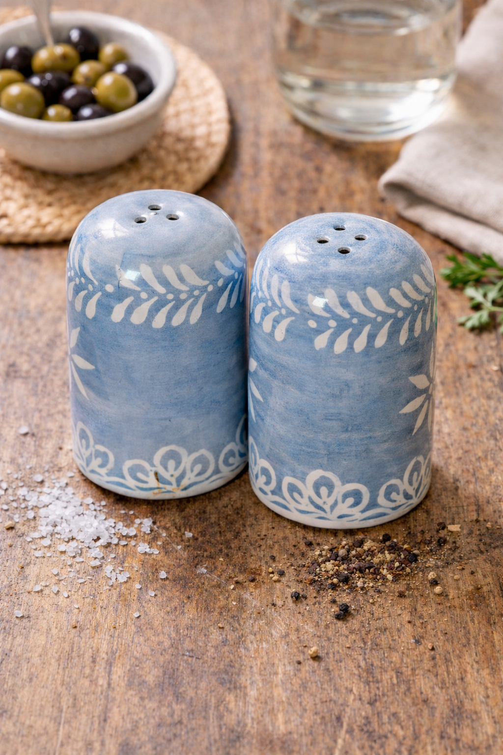 Hand Painted Stoneware Blue Coco Salt and Pepper Shakers