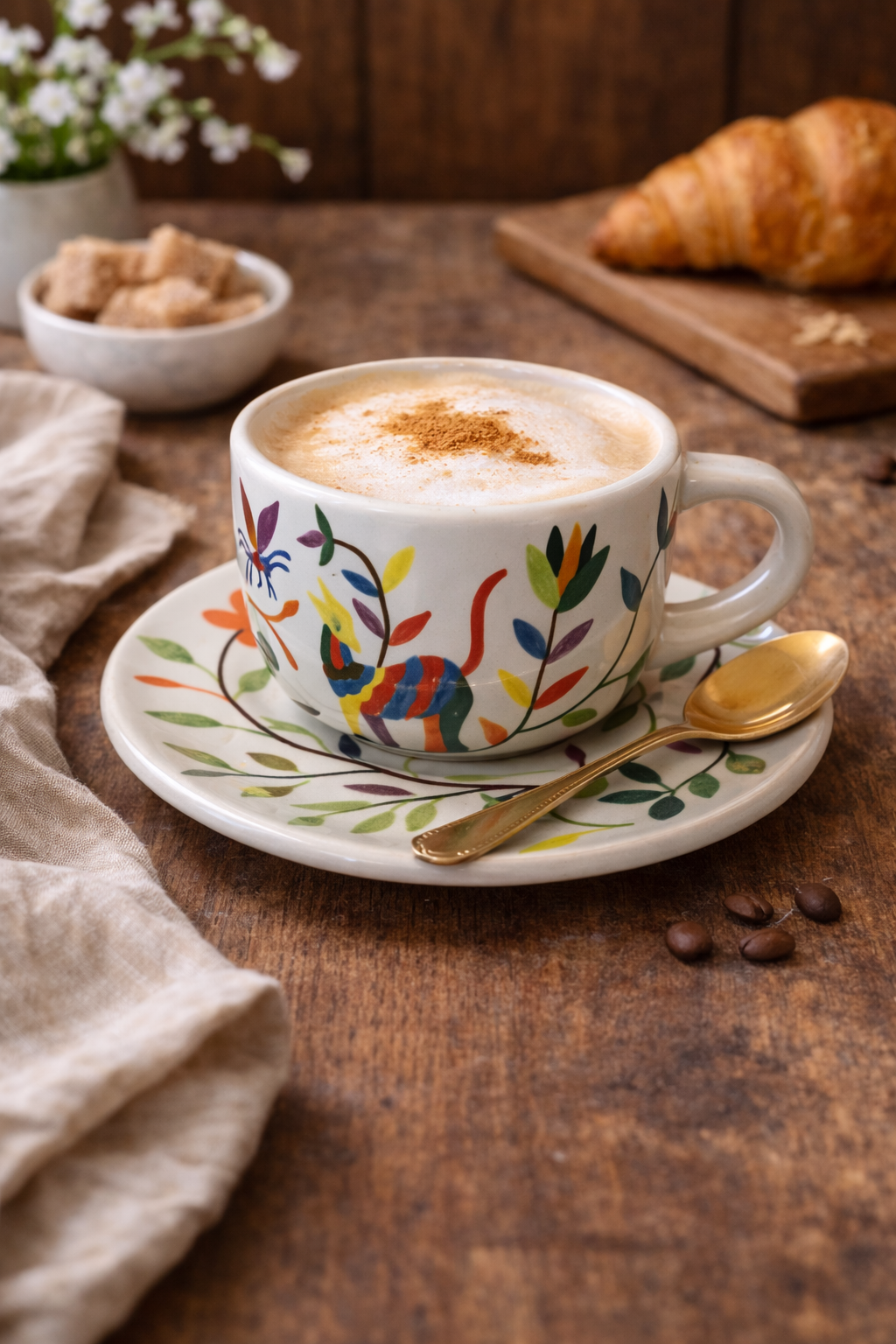 Hand Painted Stoneware Country Coffee Mug and Plate