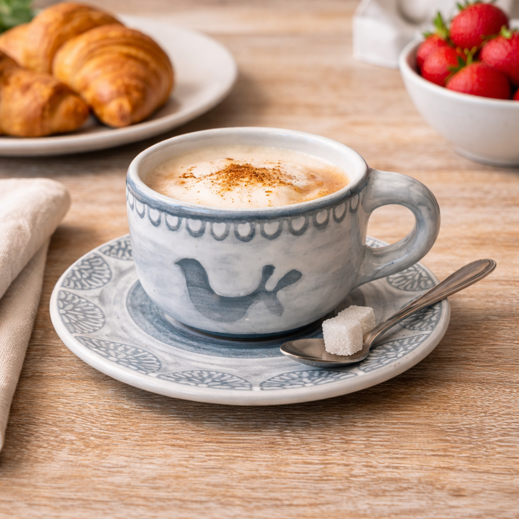 Hand Painted Stoneware Gray Coco Coffee Mug and Plate