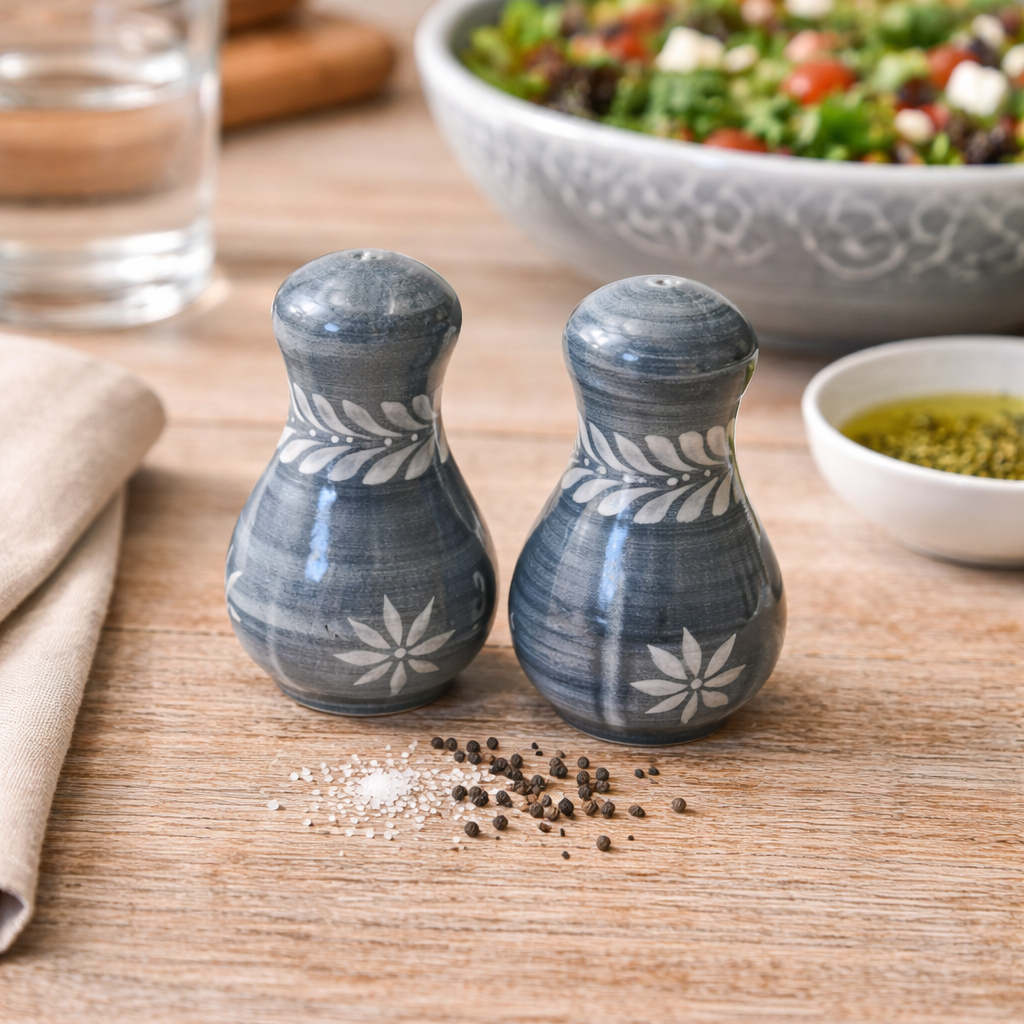 Hand Painted Stoneware Gray Coco Salt and Pepper Shakers