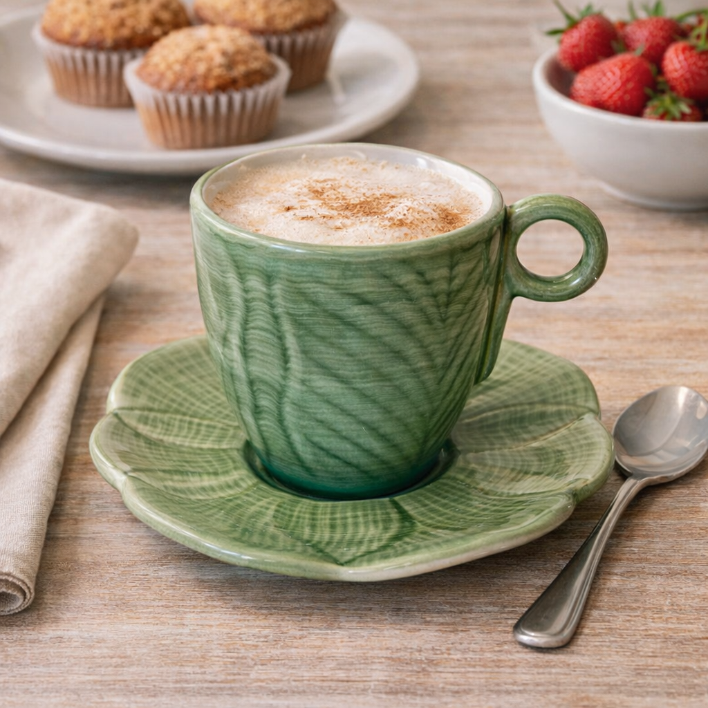 Hand Painted Stoneware Margaritas Green Coffee Mug and Plate