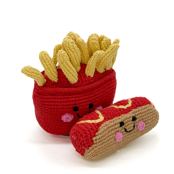 Crochet handmade hot dog and french fries baby rattles