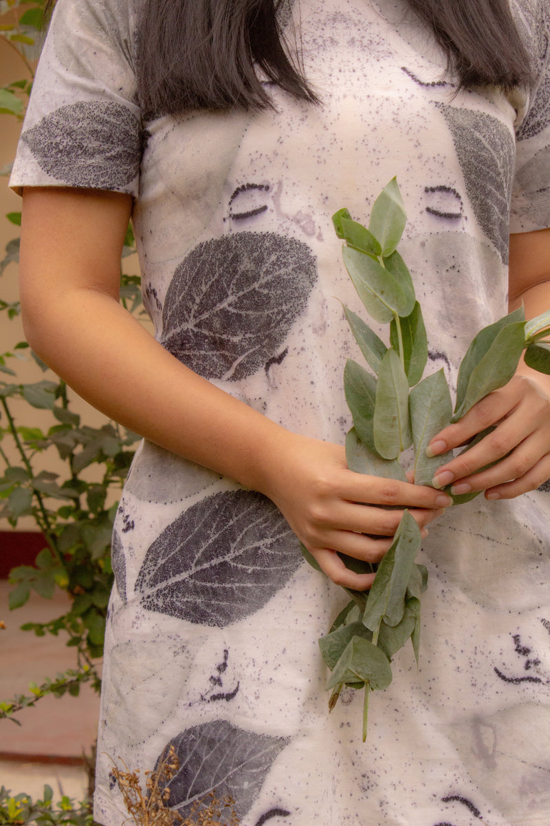 Eco Print Poly Dress for Women – Bohemian Sustainable Fashion Piece with Eco-Friendly Dye and Pockets