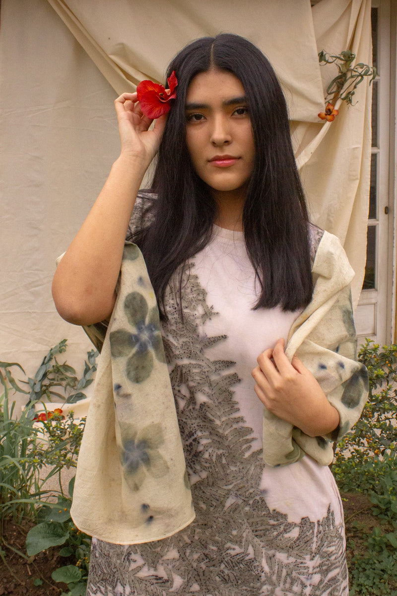 Eco Print Shawl – Bohemian Clothing, Botanical Wrap, Sustainable Regenerative Fashion