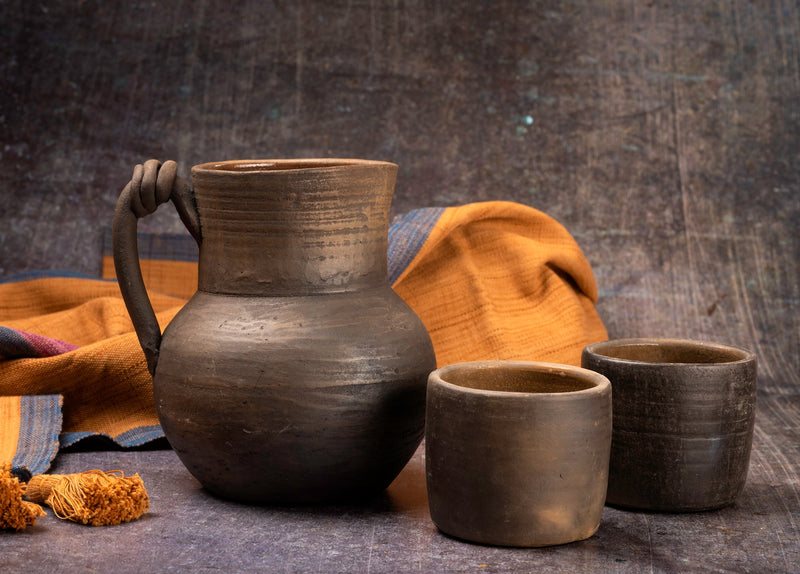 Handmade Clay Water Pitcher with Cups