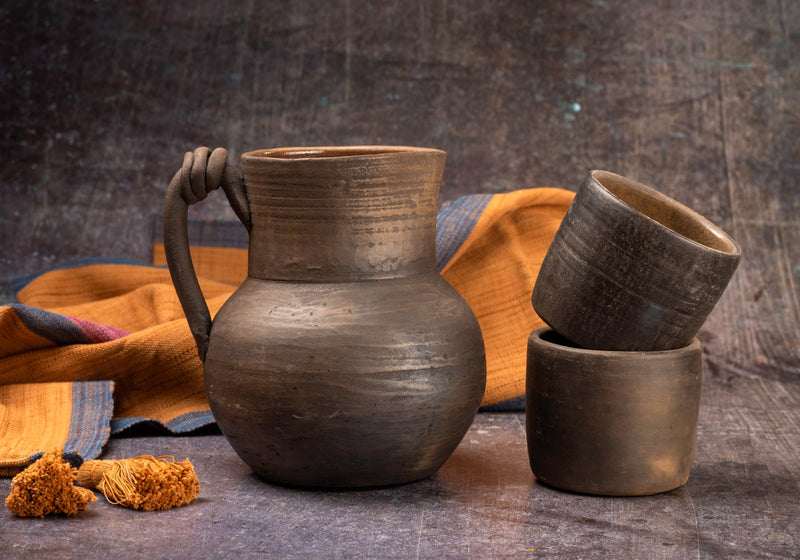 Handmade Clay Water Pitcher with Cups