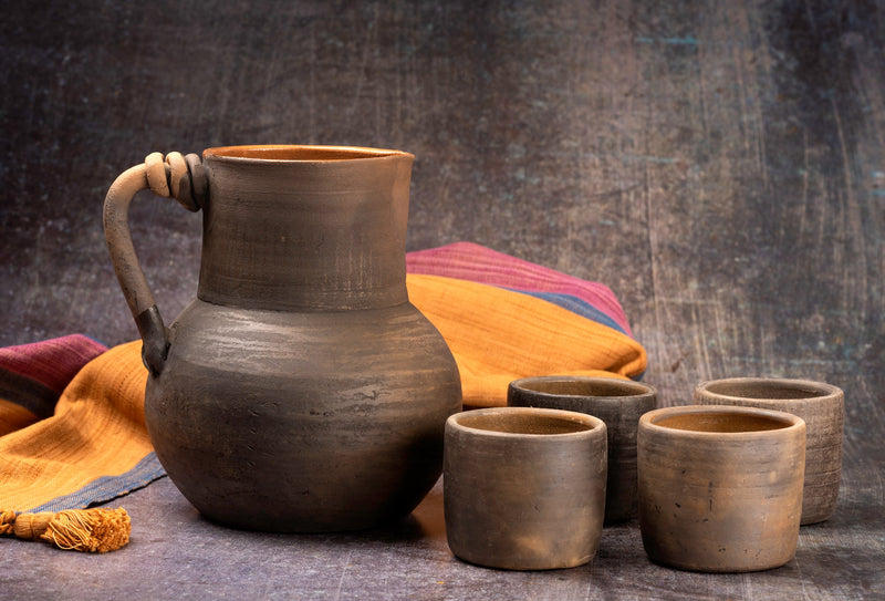 Handmade Clay Water Pitcher with Cups
