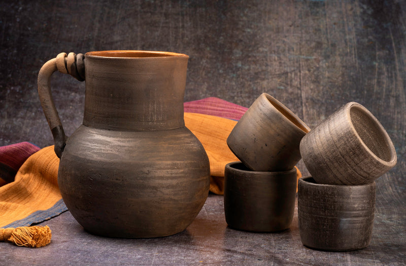 Handmade Clay Water Pitcher with Cups
