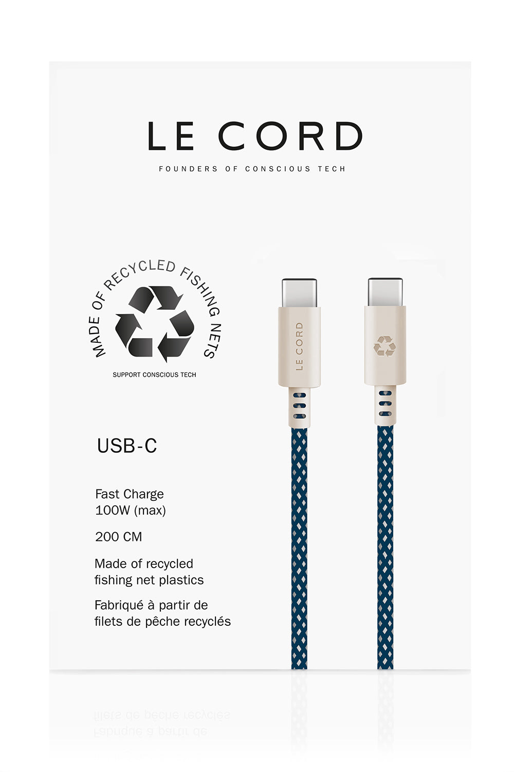 cord for fishing nets USB Sea Blue · Type C · 100W · 2 meter · Made of recycled fishing nets