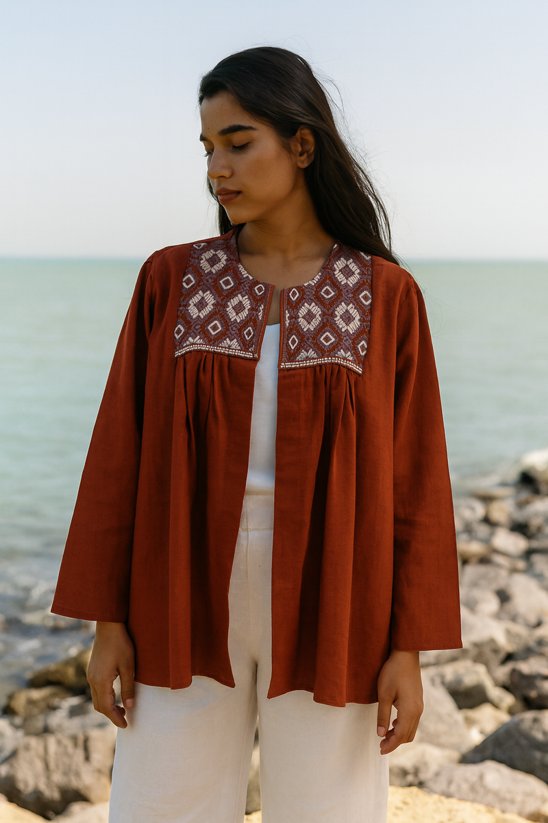 Linen Jacket with Handwoven Brocade