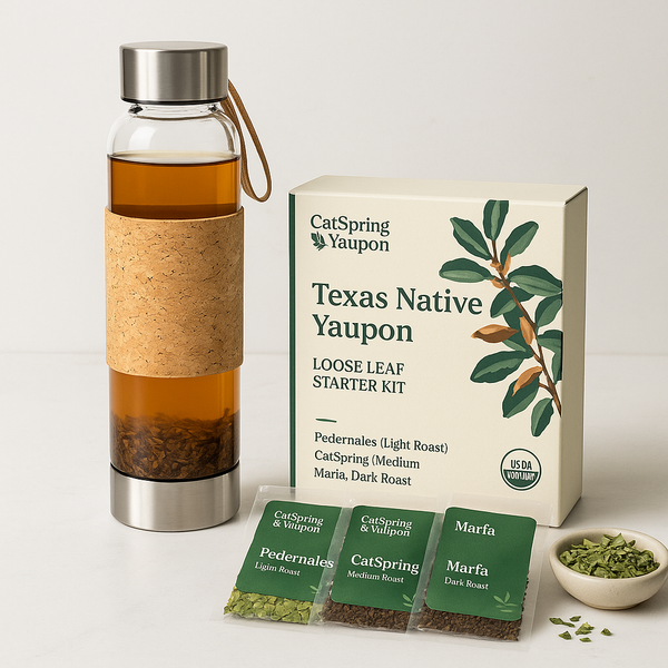 Loose Leaf Yaupon Starter Kit – 3 Roasts + Glass Tumbler