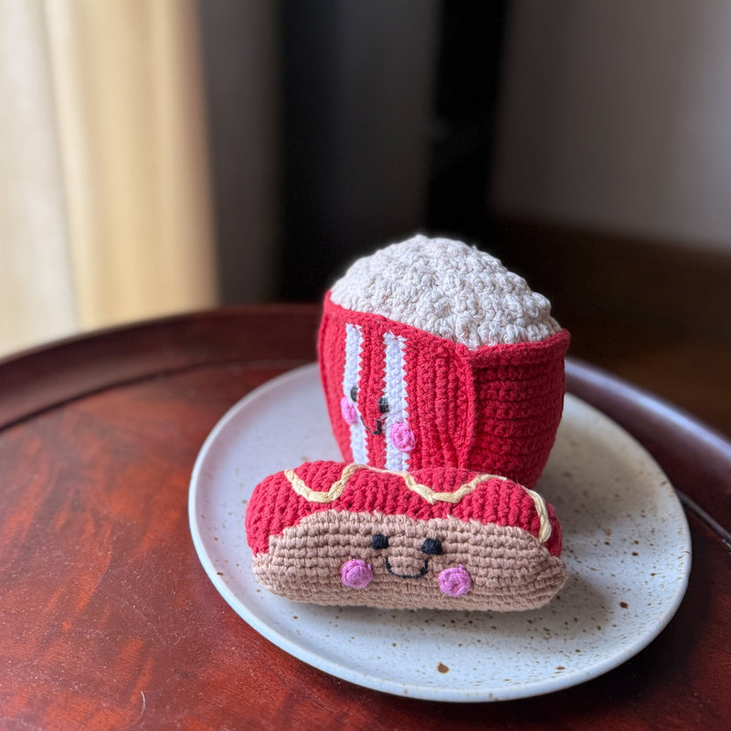 Handmade Hot Dog Rattle with Crochet Popcorn Rattle
