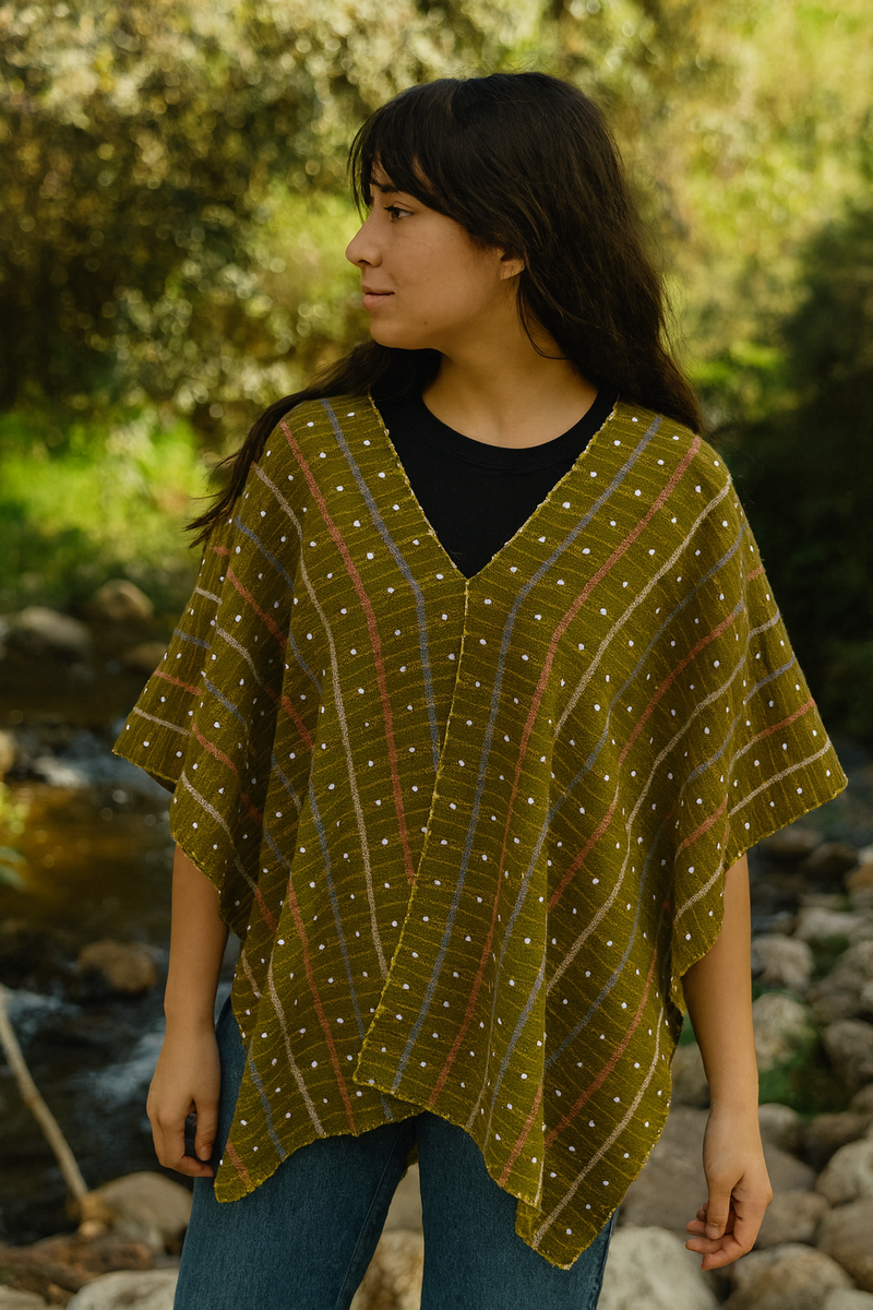 Olive and Coral Cotton Poncho