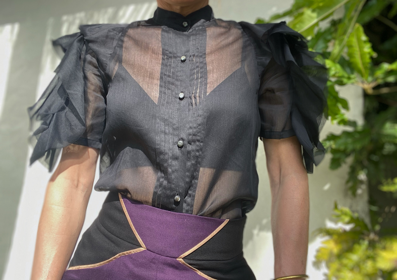 Woman's semi-sheer ruffle sleeve top.