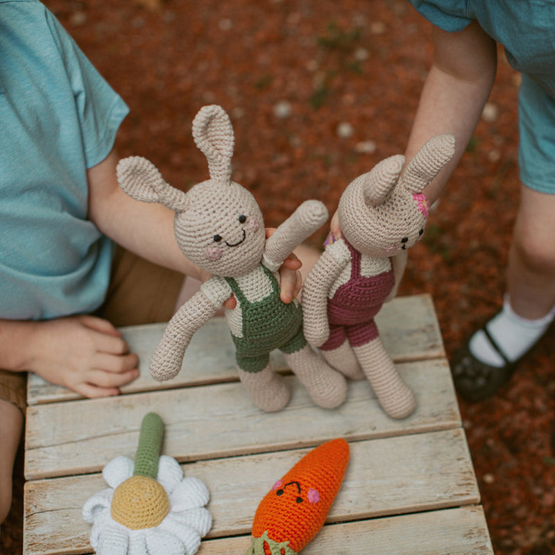 children playing with crochet cotton plush bunny toys