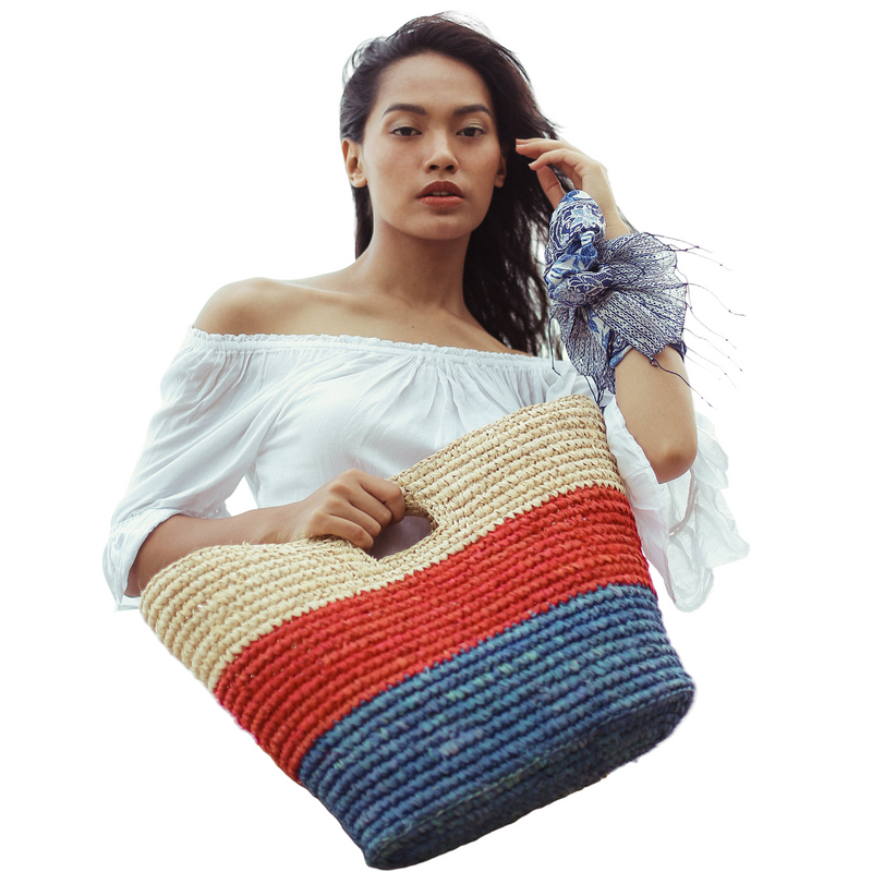 Sayan Raffia Tote Bag, in Red & Blue