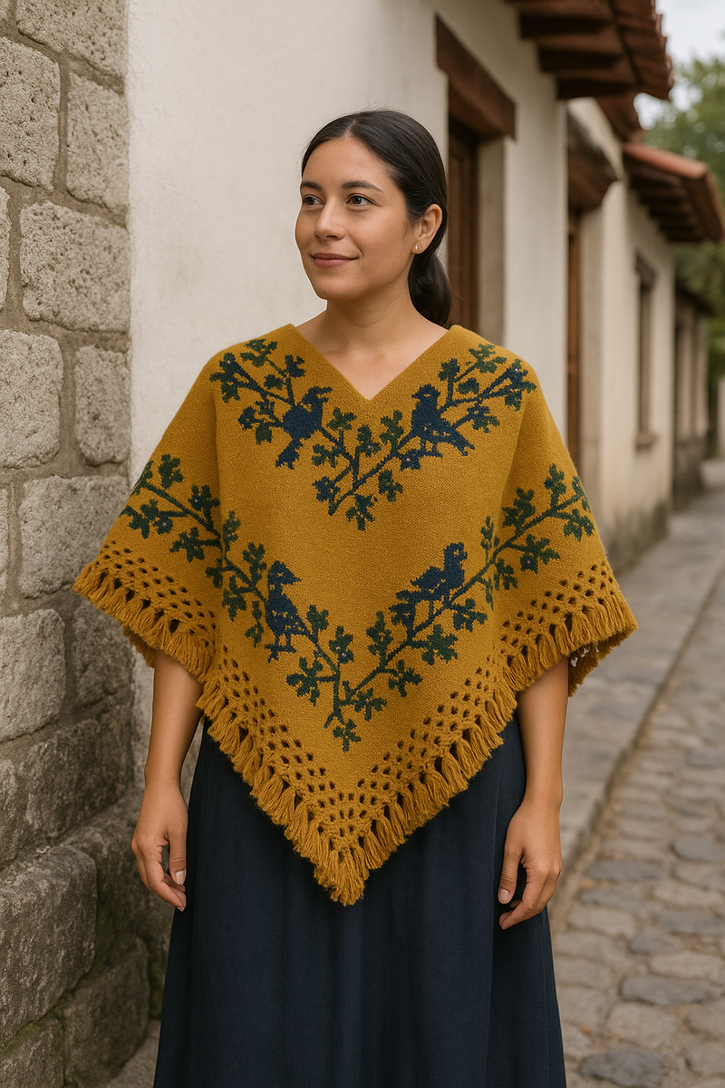 Small Huipil in Marigold Wool with Indigo Bird Motifs