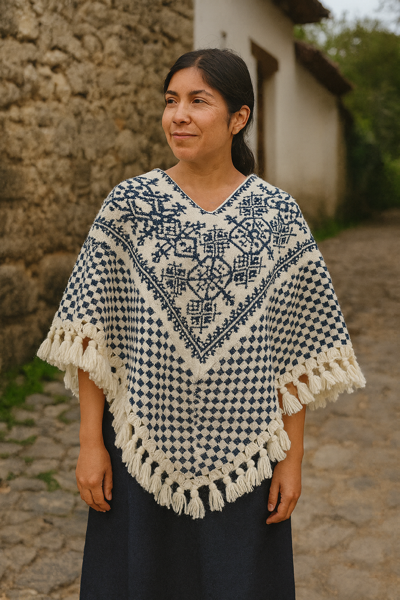Spider Huipil in Natural Wool and Fermented Indigo Embroidery