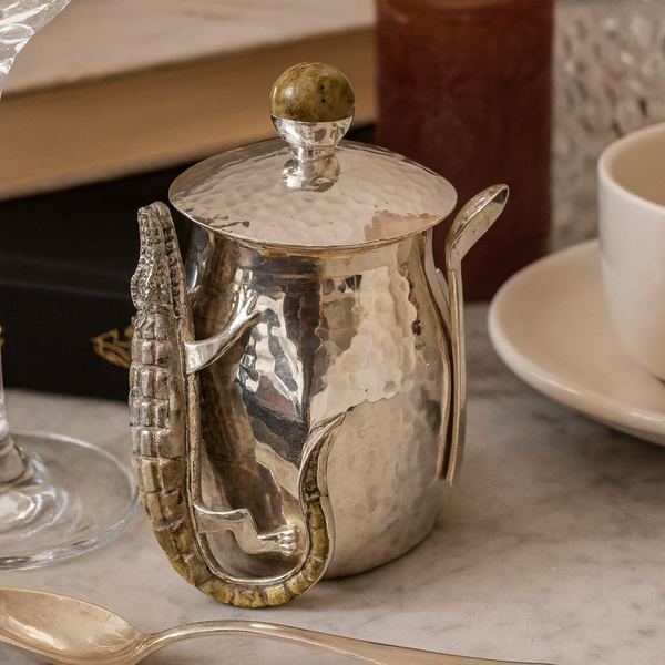 Square Sugar Bowl with Crocodile Design and Spoon