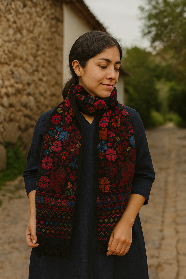 Superfine Handwoven Scarf in Natural Wool and Indigo