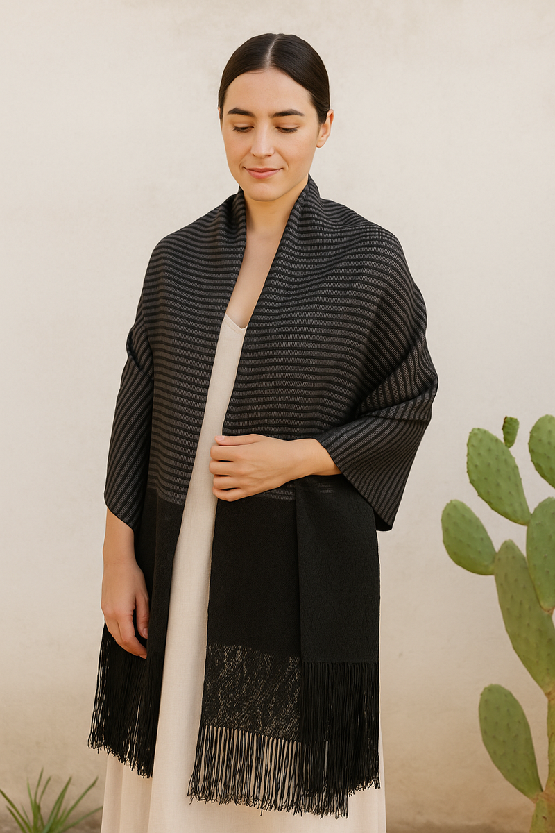 Traditional Tenancingo Rebozo Hand Woven In Loom in Egyptian Cotton Shawl - Black