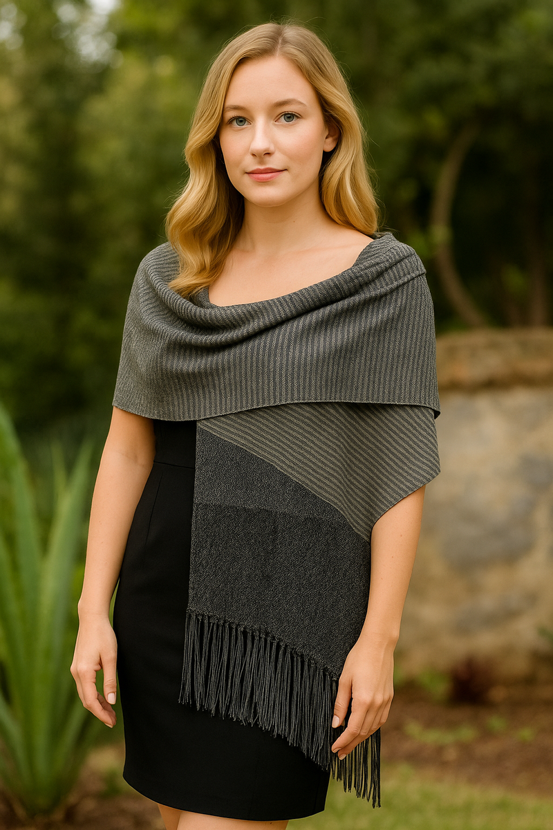 Traditional Tenancingo Rebozo Hand Woven In Loom in Egyptian Cotton Shawl - Black & Gray