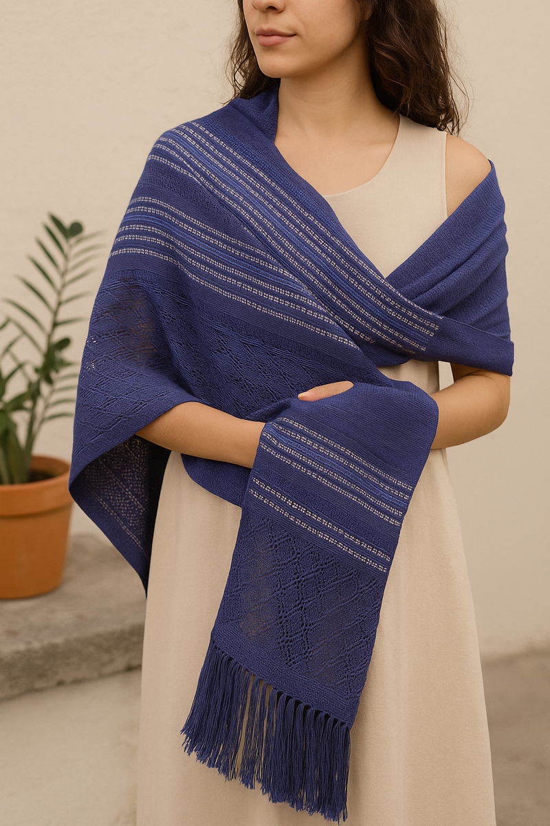 Traditional Tenancingo Rebozo Hand Woven In Loom in Egyptian Cotton Shawl - Blue