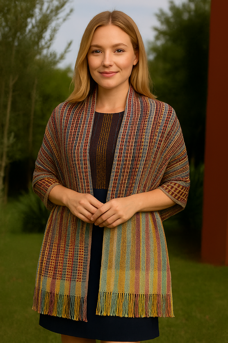 Traditional Tenancingo Rebozo Hand Woven In Loom in Egyptian Cotton Shawl - Multicolor