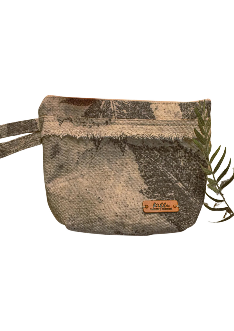 Eco Print Cotton Canvas Toiletry Bag – Botanical Print, Hand-Dyed with Leaves and Flowers