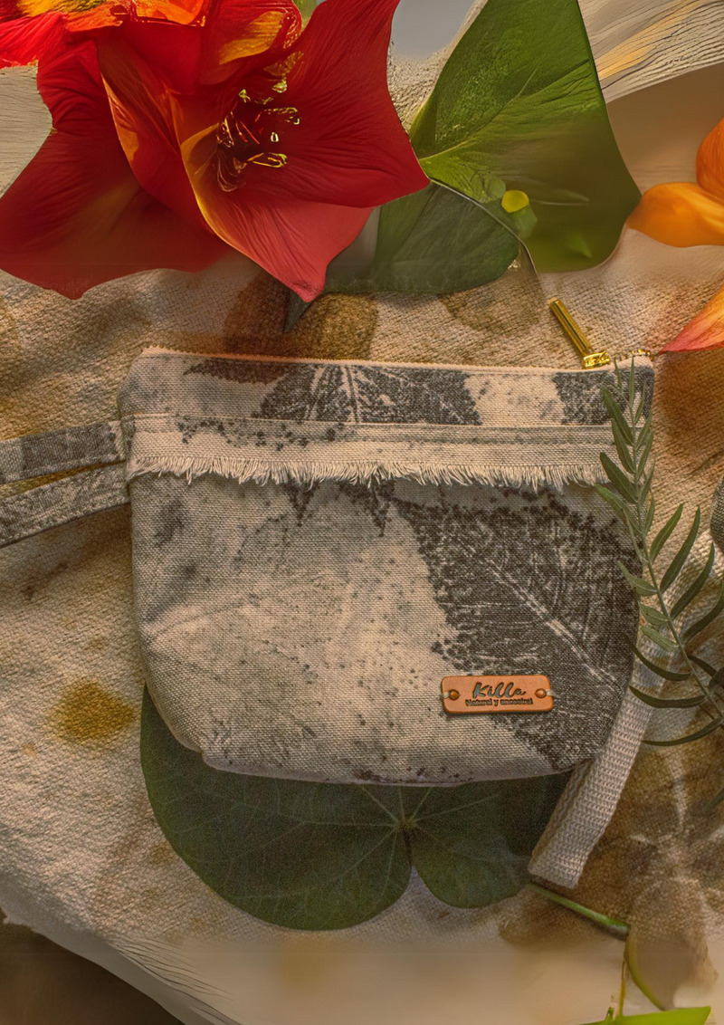 Eco Print Cotton Canvas Toiletry Bag – Botanical Print, Hand-Dyed with Leaves and Flowers