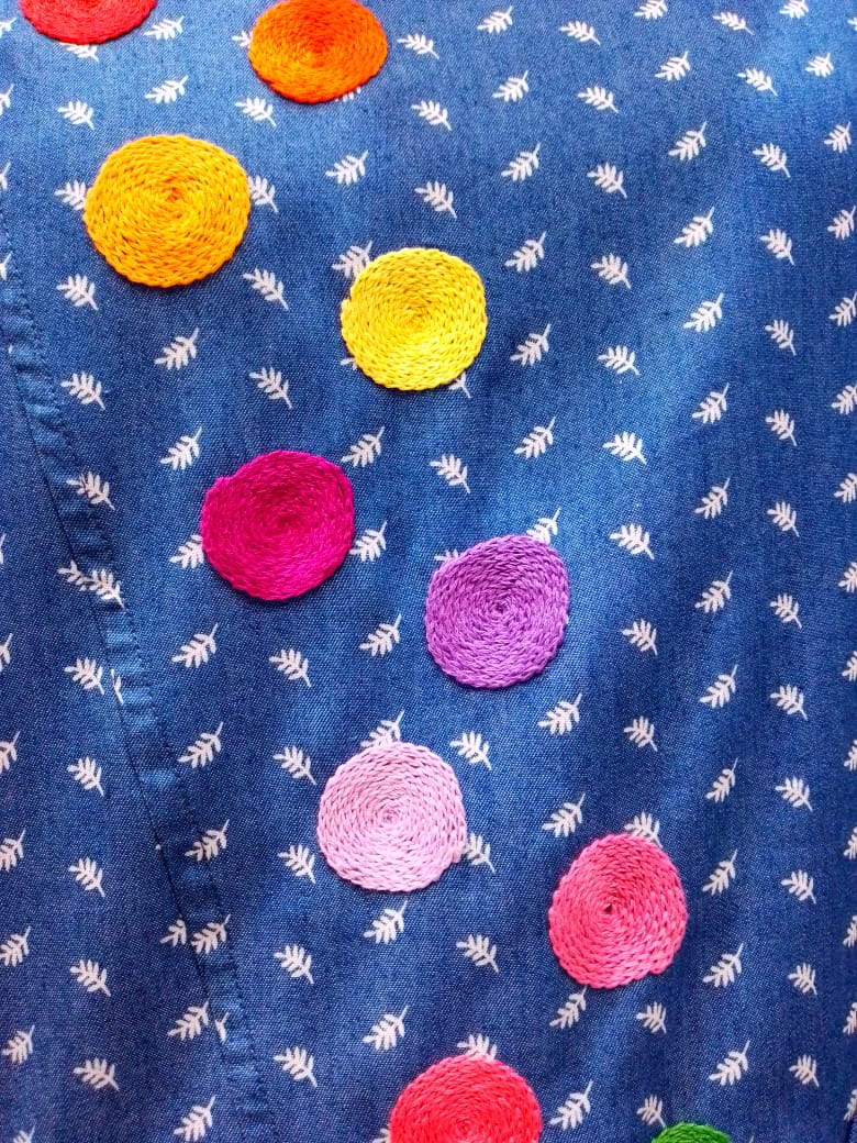 Embroidered Denim Dress with Colorful Circles