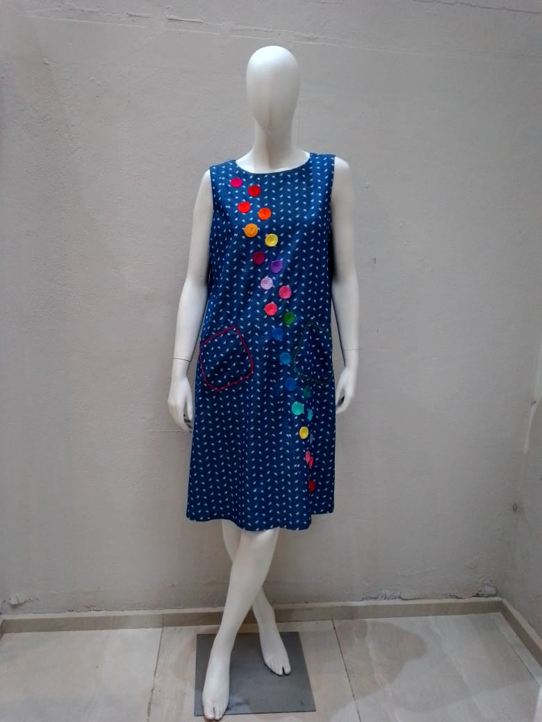 Embroidered Denim Dress with Colorful Circles