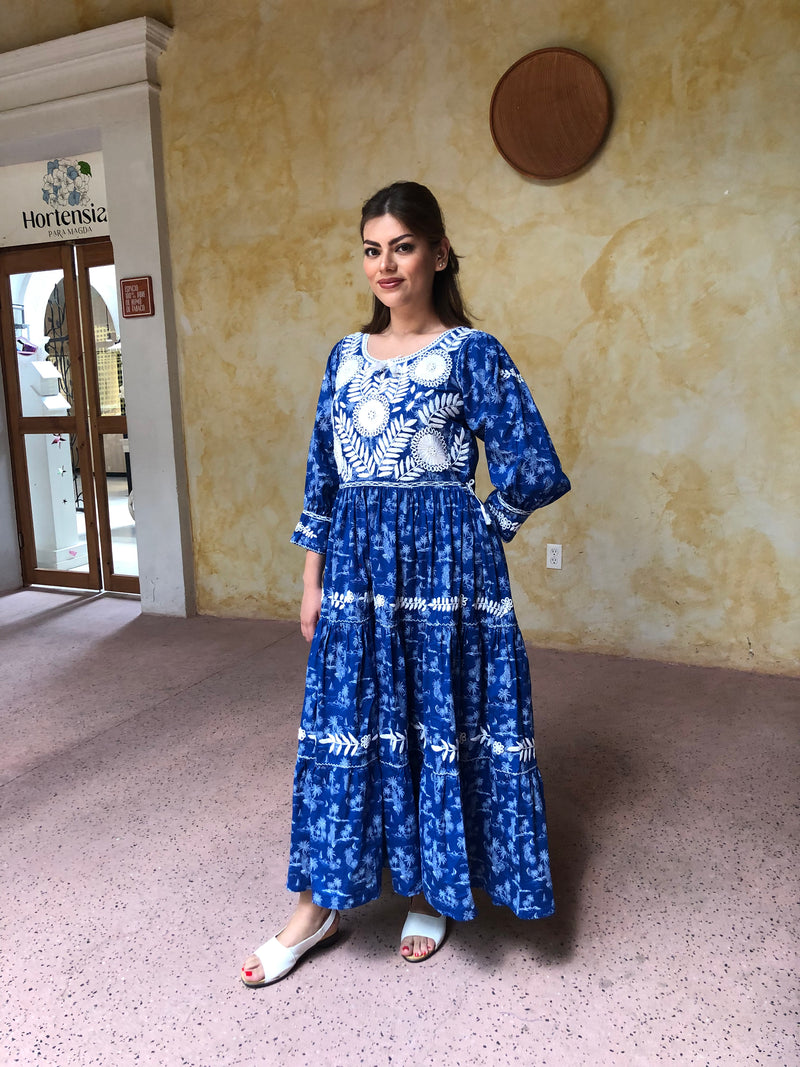 Embroidered Aguacatenango Dress with Blue and White Flights