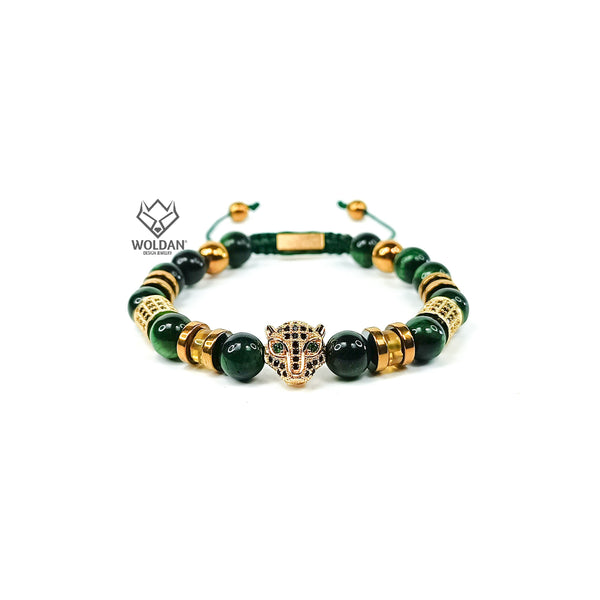 Green Quartz and Amber Jaguar-Themed Bracelet