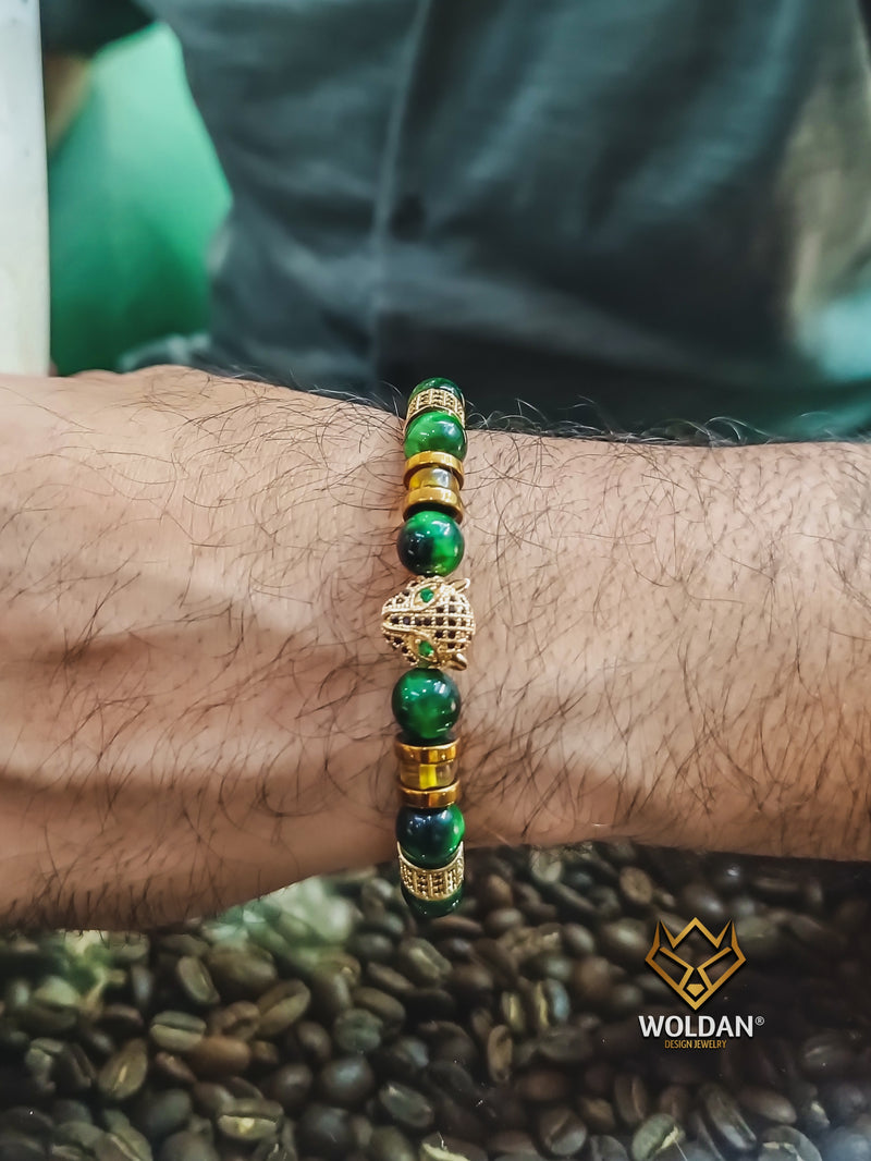 Green Quartz and Amber Jaguar-Themed Bracelet