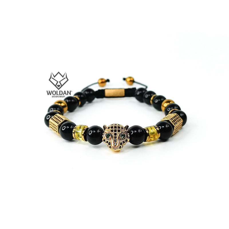 Black Bracelet with Quartz and Jaguar-Themed Amber Pendant