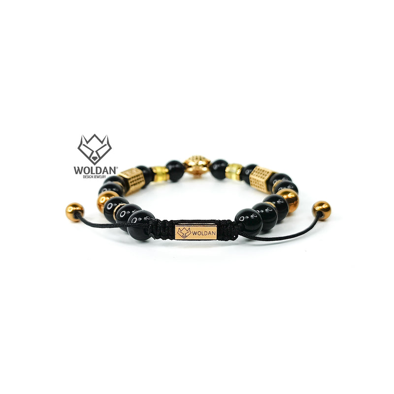Black Bracelet with Quartz and Jaguar-Themed Amber Pendant