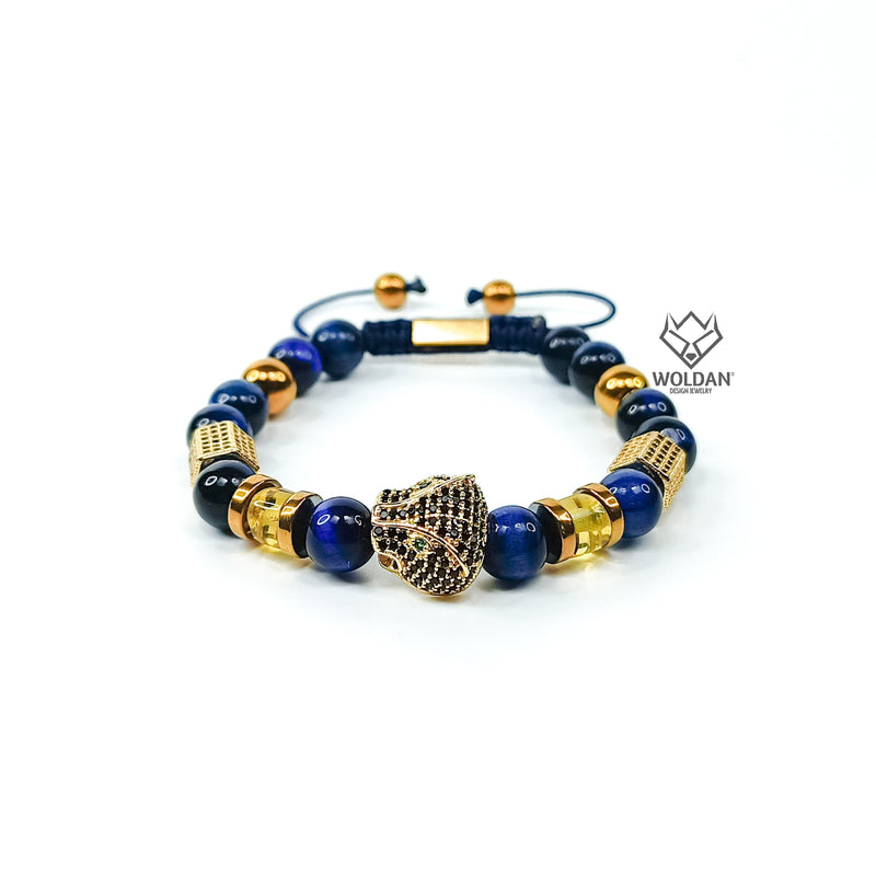 Blue Quartz and Amber Bracelet with Cobra-Themed Charm