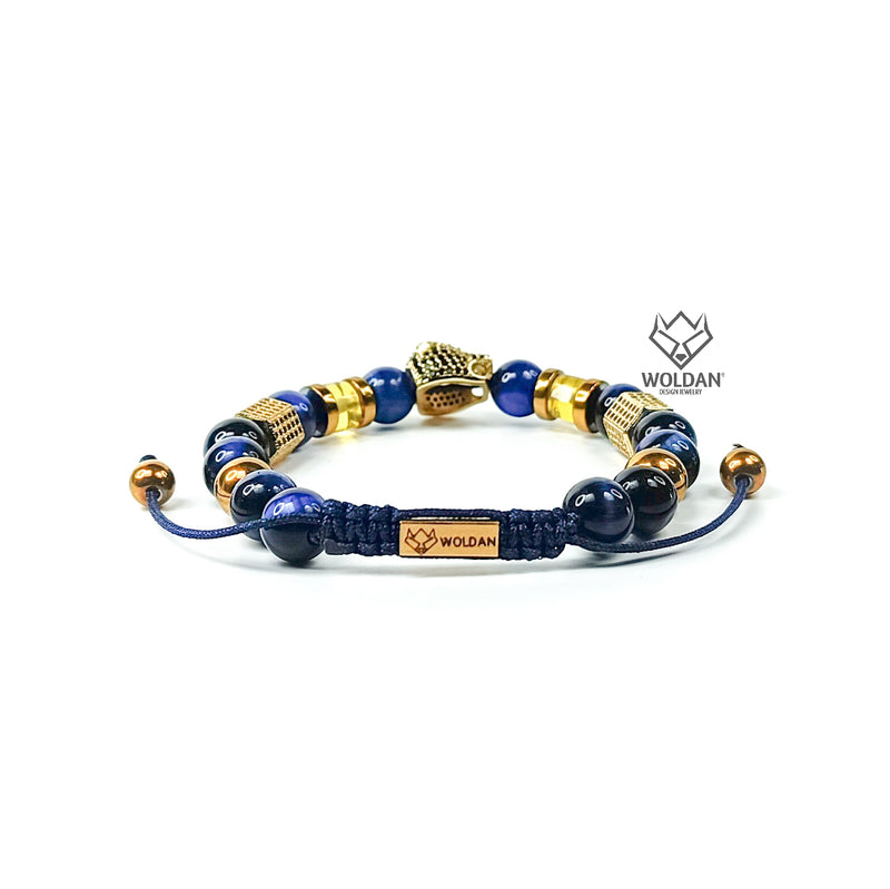 Blue Quartz and Amber Bracelet with Cobra-Themed Charm