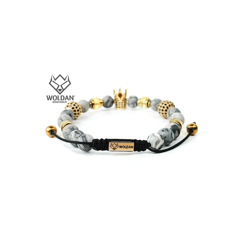 Bracelet with Gray Jasper Stone, Amber and Crown Charm