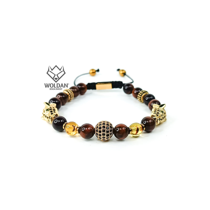 Bracelet with Burgundy Quartz and Amber with Puma-Themed Charm