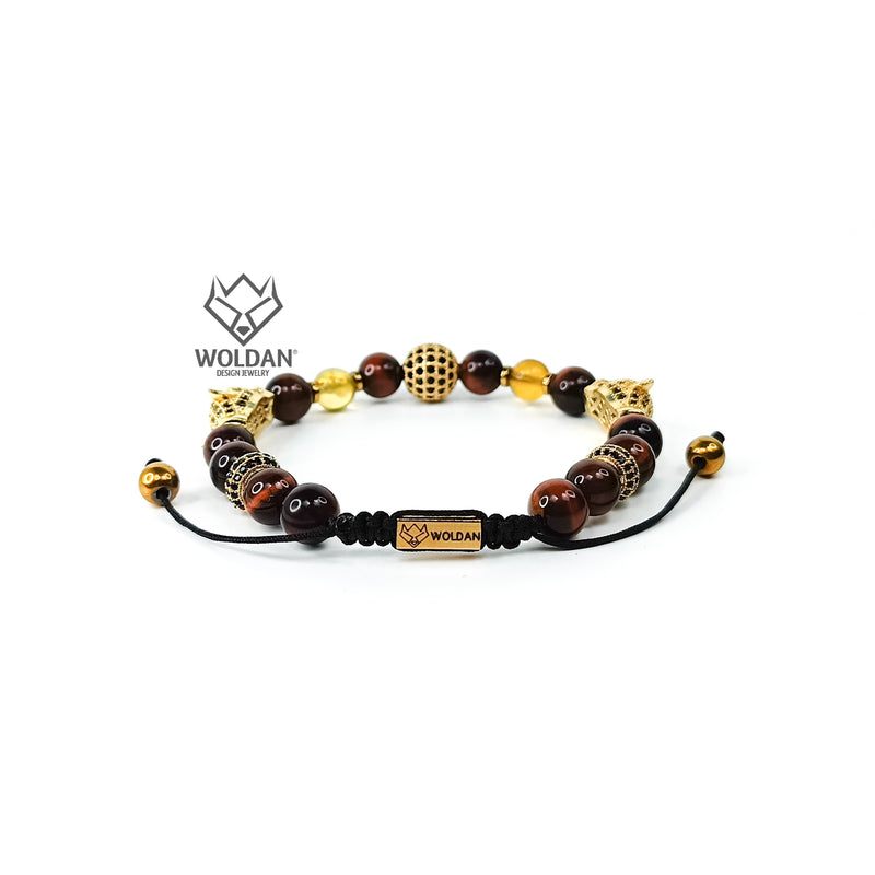 Bracelet with Burgundy Quartz and Amber with Puma-Themed Charm