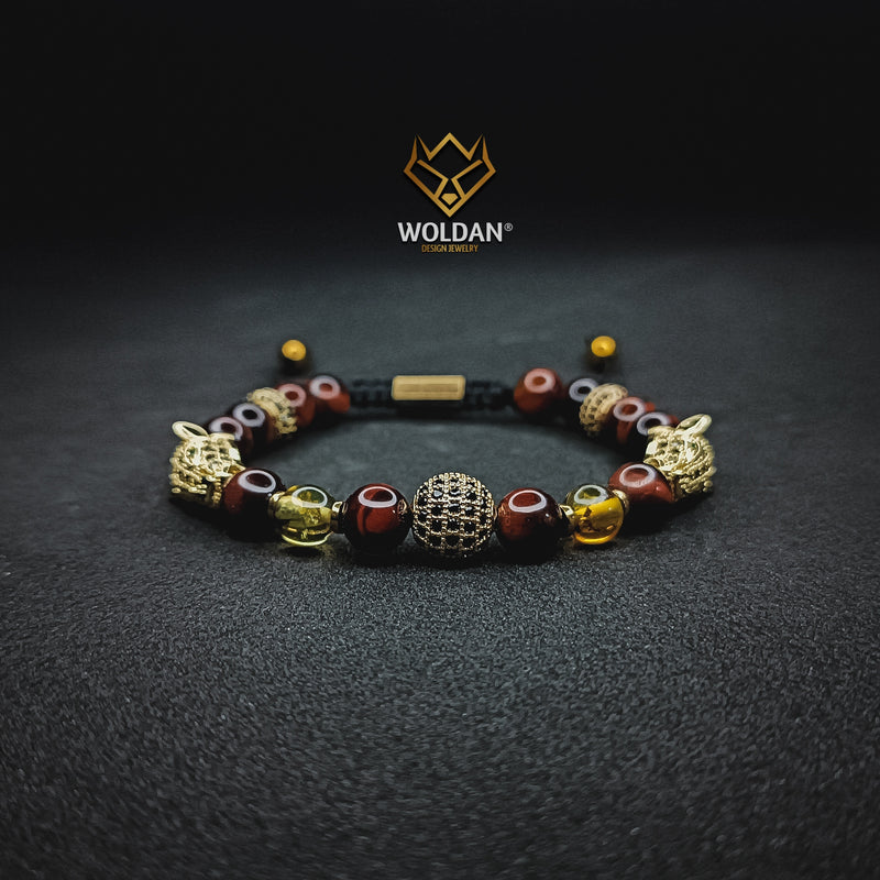 Bracelet with Burgundy Quartz and Amber with Puma-Themed Charm