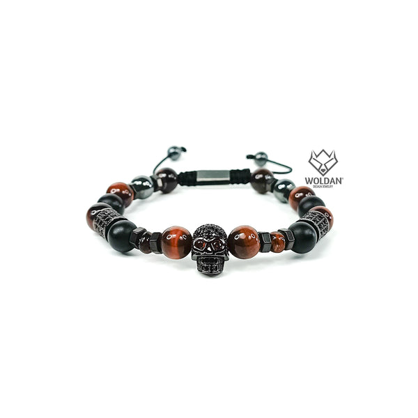 Red Amber and Burgundy Quartz Bracelet with Skull-Themed Pendant