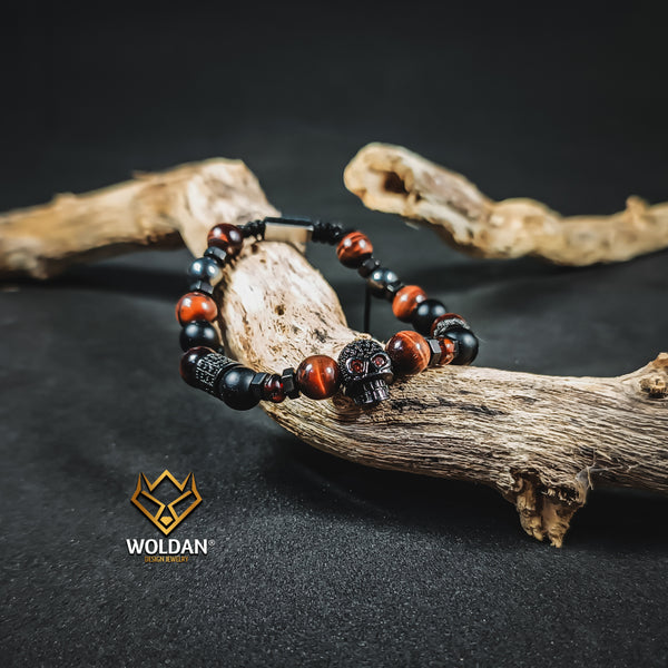 Red Amber and Burgundy Quartz Bracelet with Skull-Themed Pendant