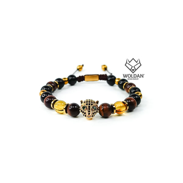 Burgundy Quartz and Amber Jaguar-Themed Bracelet