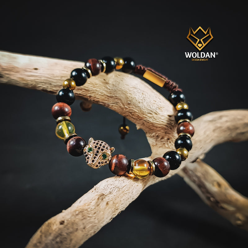 Burgundy Quartz and Amber Jaguar-Themed Bracelet