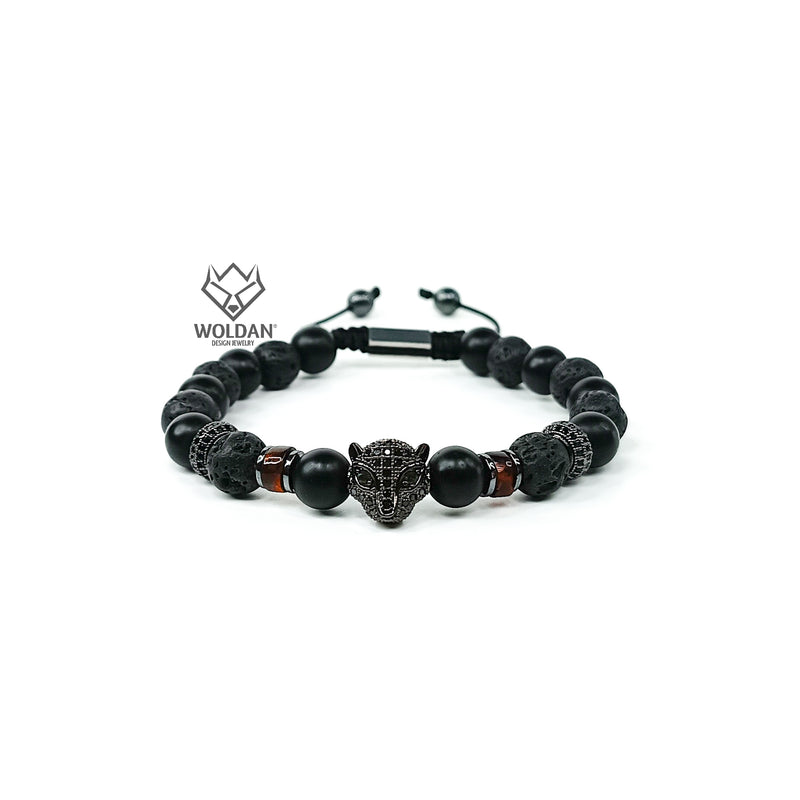 Black and Amber Bracelet with Jaguar-Themed Charm